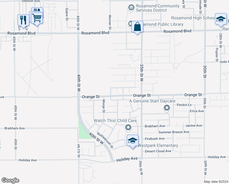 map of restaurants, bars, coffee shops, grocery stores, and more near 2521 Mammoth Mountain Way in Rosamond