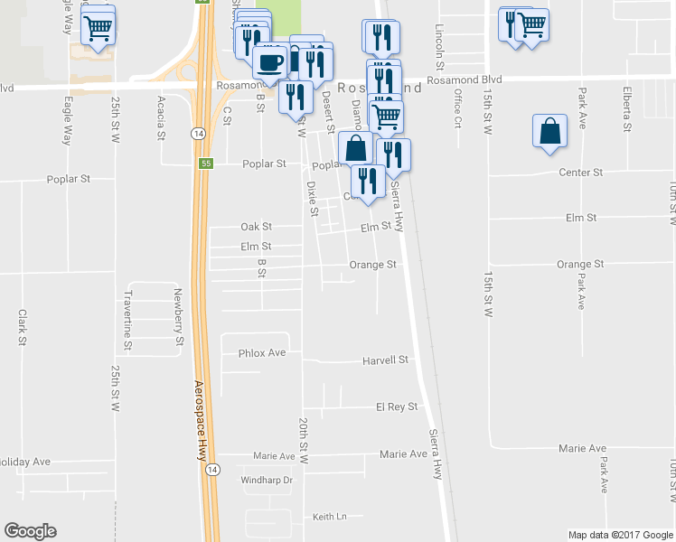 map of restaurants, bars, coffee shops, grocery stores, and more near 2433 Williams Court in Rosamond