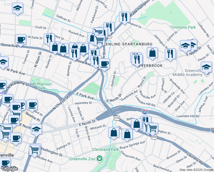 map of restaurants, bars, coffee shops, grocery stores, and more near 3 Center Street in Greenville
