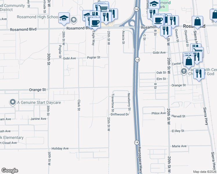 map of restaurants, bars, coffee shops, grocery stores, and more near Orange Street in Rosamond