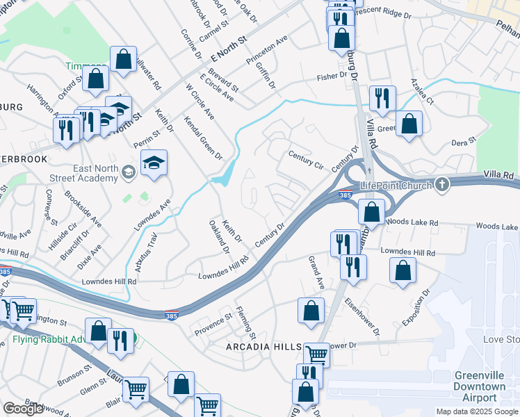 map of restaurants, bars, coffee shops, grocery stores, and more near 11 Century Drive in Greenville