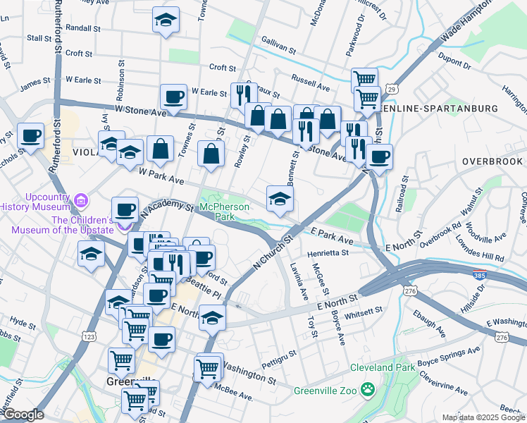 map of restaurants, bars, coffee shops, grocery stores, and more near 216 East Park Avenue in Greenville