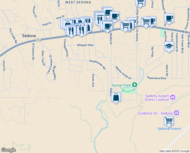 map of restaurants, bars, coffee shops, grocery stores, and more near 25 Donaldson Drive in Sedona