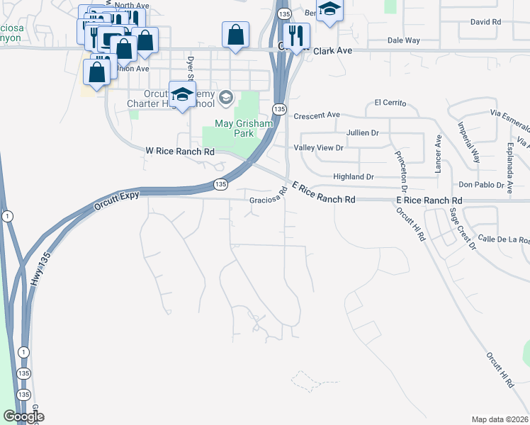map of restaurants, bars, coffee shops, grocery stores, and more near 5642 Oakhill Court in Santa Maria