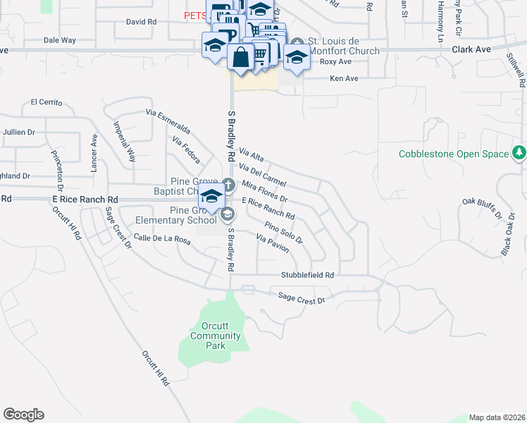 map of restaurants, bars, coffee shops, grocery stores, and more near 1168 East Rice Ranch Road in Santa Maria