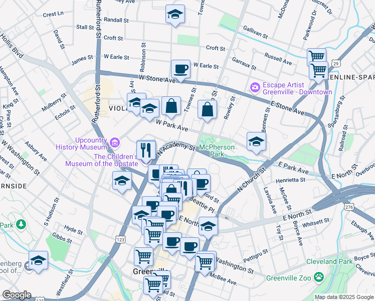 map of restaurants, bars, coffee shops, grocery stores, and more near 435 North Main Street in Greenville