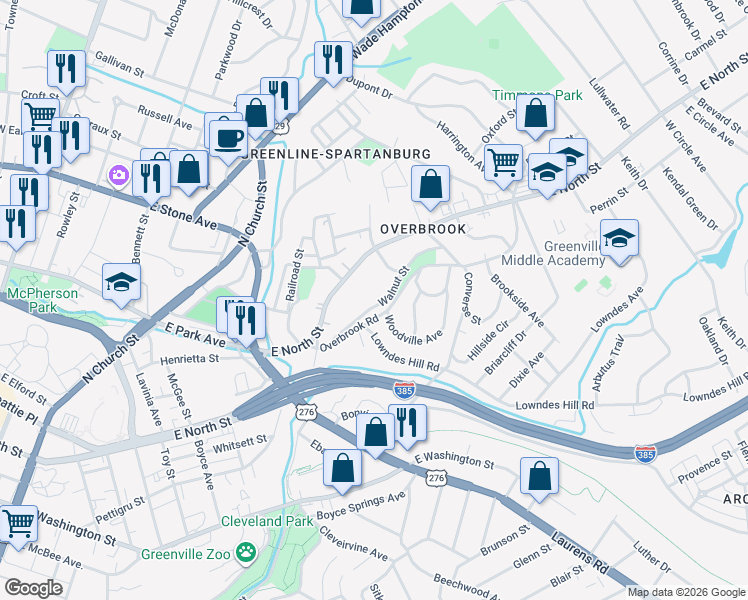 map of restaurants, bars, coffee shops, grocery stores, and more near 39 Walnut Street in Greenville
