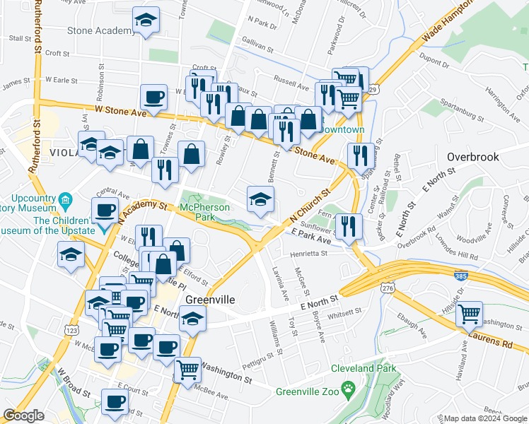 map of restaurants, bars, coffee shops, grocery stores, and more near 231 East Park Avenue in Greenville
