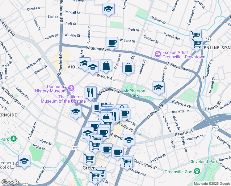 map of restaurants, bars, coffee shops, grocery stores, and more near 435 North Main Street in Greenville