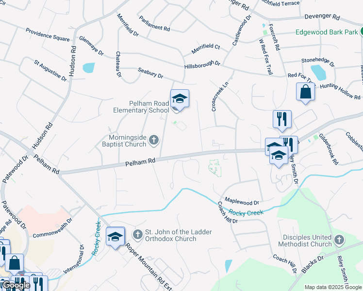 map of restaurants, bars, coffee shops, grocery stores, and more near 1207 Pelham Road in Greenville