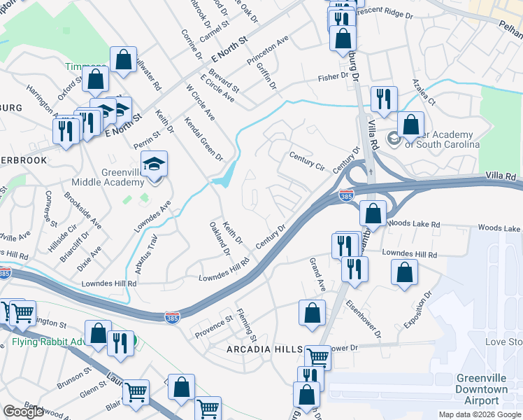map of restaurants, bars, coffee shops, grocery stores, and more near 203 Keith Drive in Greenville