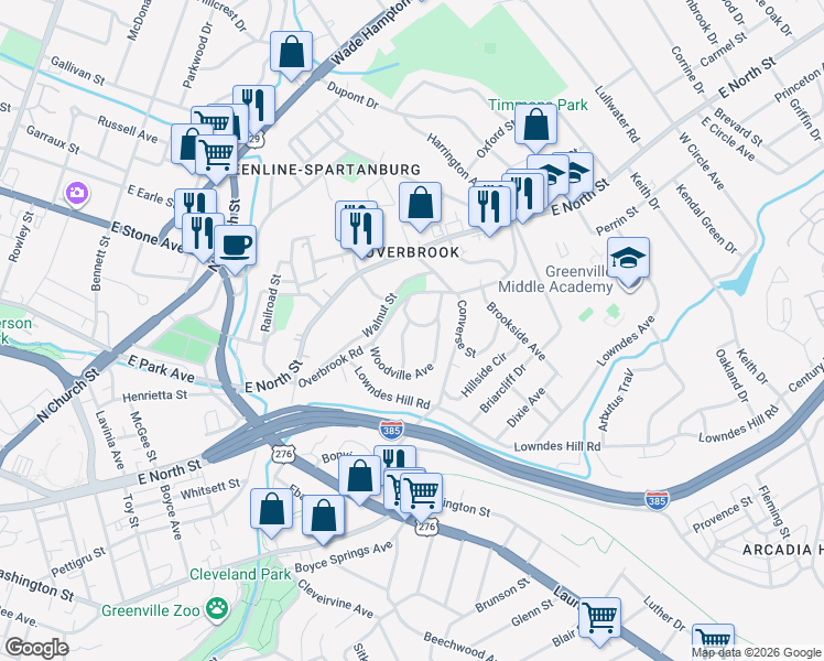 map of restaurants, bars, coffee shops, grocery stores, and more near 212 Overbrook Road in Greenville
