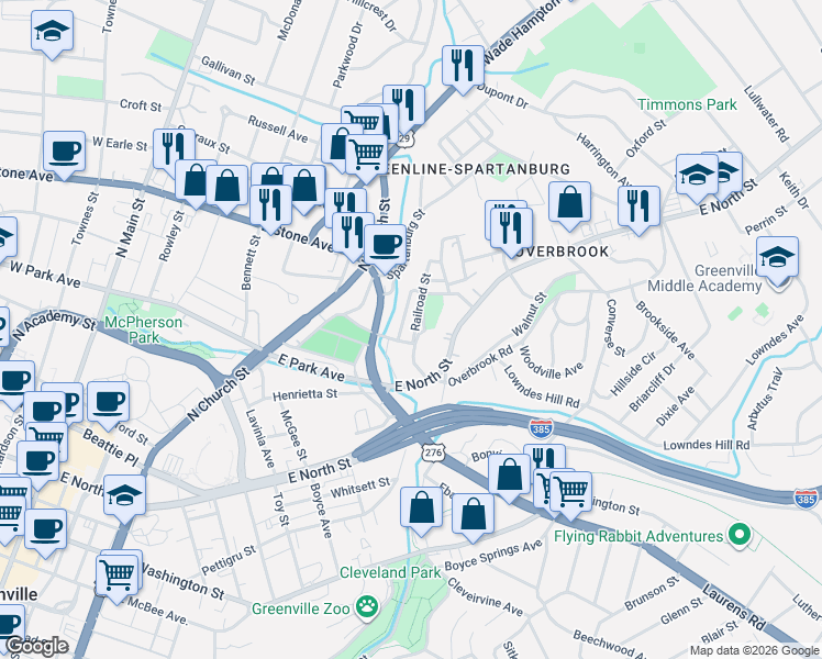 map of restaurants, bars, coffee shops, grocery stores, and more near 3 Center Street in Greenville