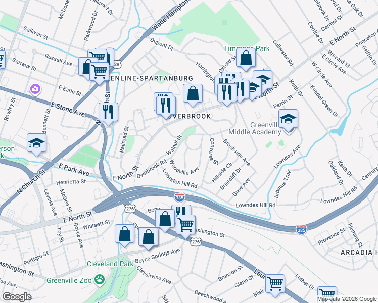 map of restaurants, bars, coffee shops, grocery stores, and more near 212 Overbrook Road in Greenville