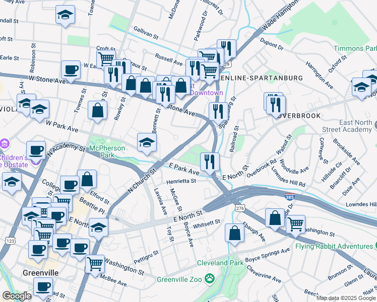 map of restaurants, bars, coffee shops, grocery stores, and more near 7 Fern Avenue in Greenville