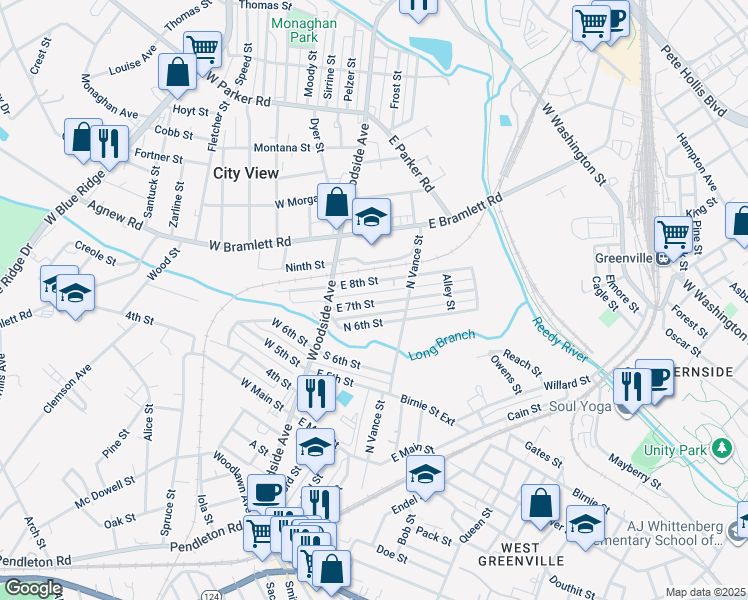 map of restaurants, bars, coffee shops, grocery stores, and more near 31 East 7th Street in Greenville