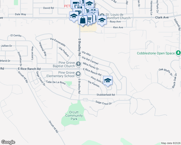 map of restaurants, bars, coffee shops, grocery stores, and more near 1168 East Rice Ranch Road in Santa Maria