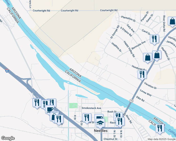 map of restaurants, bars, coffee shops, grocery stores, and more near 1094 Dike Road in Mohave Valley