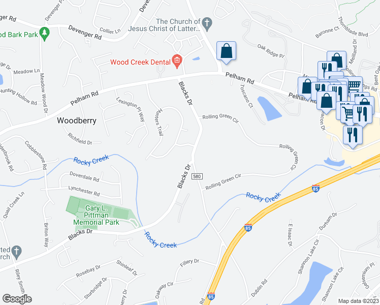 map of restaurants, bars, coffee shops, grocery stores, and more near 108 Blacks Drive in Greenville