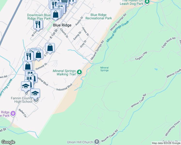 map of restaurants, bars, coffee shops, grocery stores, and more near 100 Circle Drive in Blue Ridge