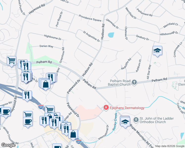 map of restaurants, bars, coffee shops, grocery stores, and more near 809 Pelham Road in Greenville