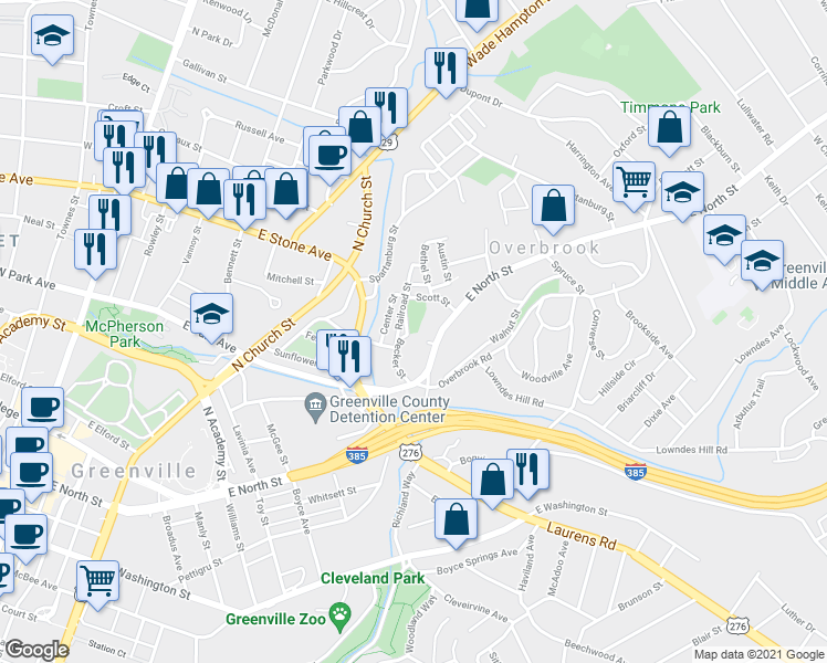 map of restaurants, bars, coffee shops, grocery stores, and more near 22 Becker Street in Greenville