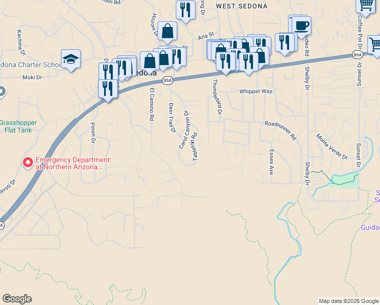 map of restaurants, bars, coffee shops, grocery stores, and more near 165 Tabletop Road in Sedona