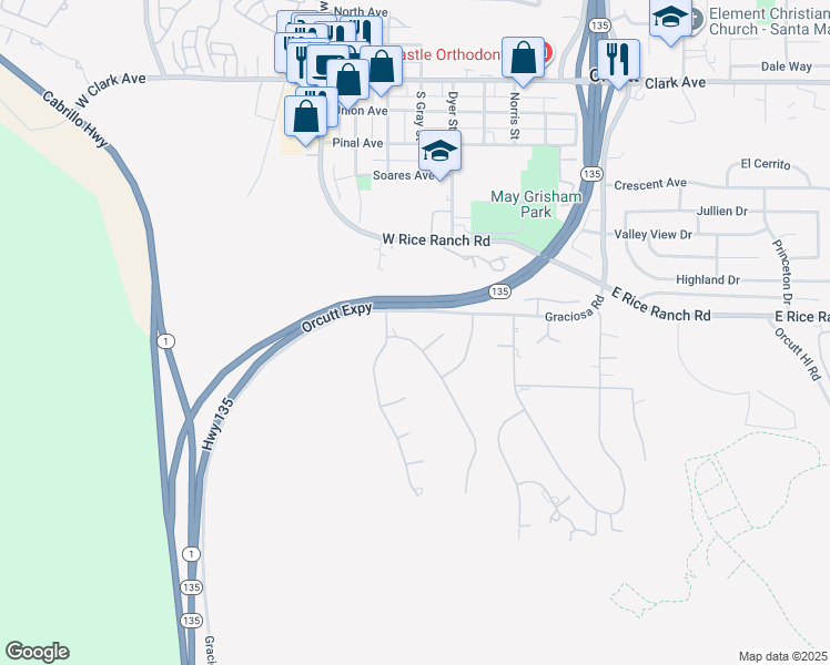 map of restaurants, bars, coffee shops, grocery stores, and more near 5678 Impala Trail in Santa Maria