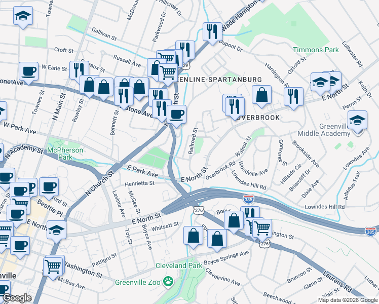 map of restaurants, bars, coffee shops, grocery stores, and more near 3 Center Street in Greenville