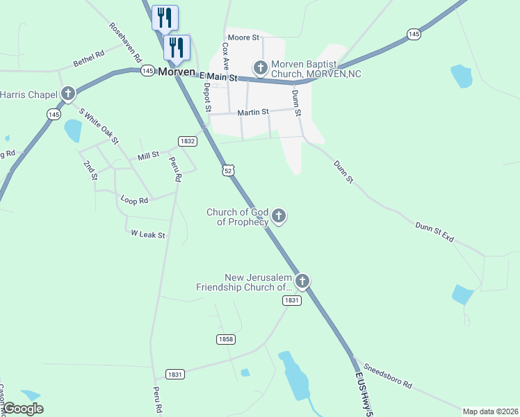 map of restaurants, bars, coffee shops, grocery stores, and more near 8429 U.S. 52 in Morven