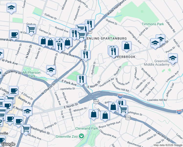 map of restaurants, bars, coffee shops, grocery stores, and more near 3 Center Street in Greenville