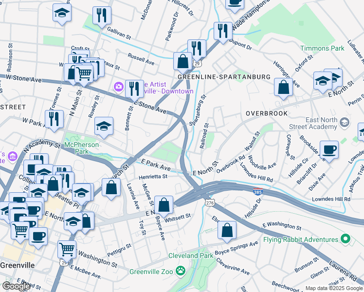 map of restaurants, bars, coffee shops, grocery stores, and more near 644 East Stone Avenue in Greenville