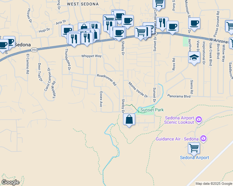 map of restaurants, bars, coffee shops, grocery stores, and more near 60 Fritz Drive in Sedona