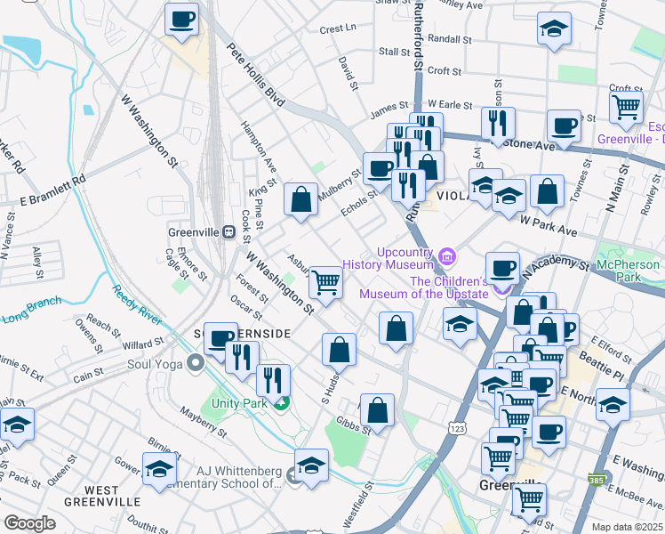 map of restaurants, bars, coffee shops, grocery stores, and more near 511 Hampton Avenue in Greenville