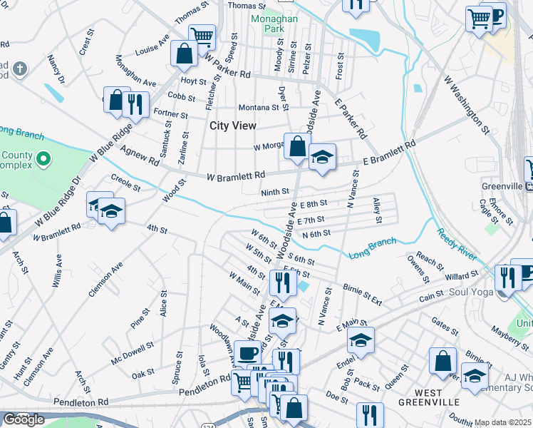 map of restaurants, bars, coffee shops, grocery stores, and more near 25 West 8th Street in Greenville