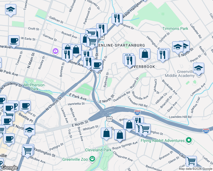 map of restaurants, bars, coffee shops, grocery stores, and more near 22 Becker Street in Greenville