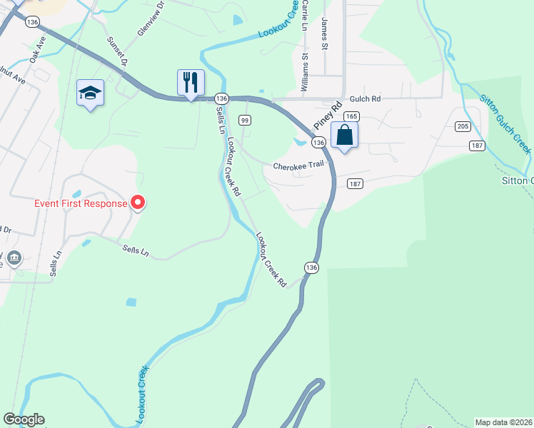 map of restaurants, bars, coffee shops, grocery stores, and more near 515 Lookout Creek Road in Trenton