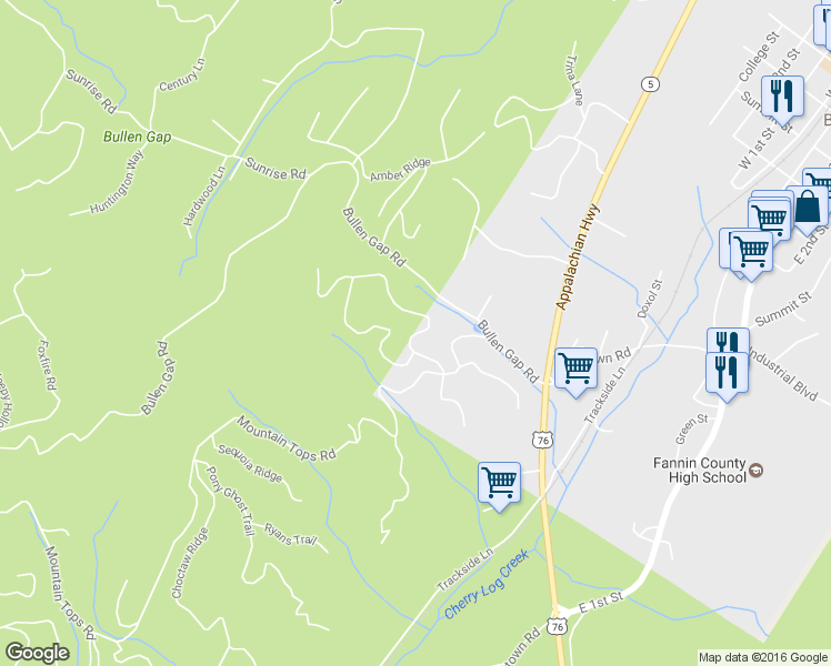 map of restaurants, bars, coffee shops, grocery stores, and more near 150 Mountain Tops Circle in Blue Ridge