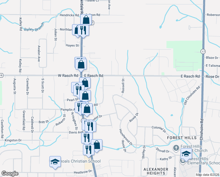map of restaurants, bars, coffee shops, grocery stores, and more near 106 Pleasant Ridge Drive in Florence