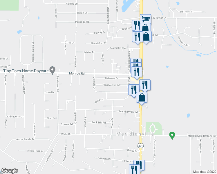 map of restaurants, bars, coffee shops, grocery stores, and more near 124 Vancouver Road in Meridianville