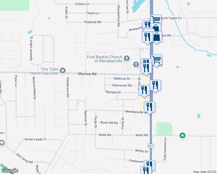 map of restaurants, bars, coffee shops, grocery stores, and more near 147 Olympia Drive in Meridianville