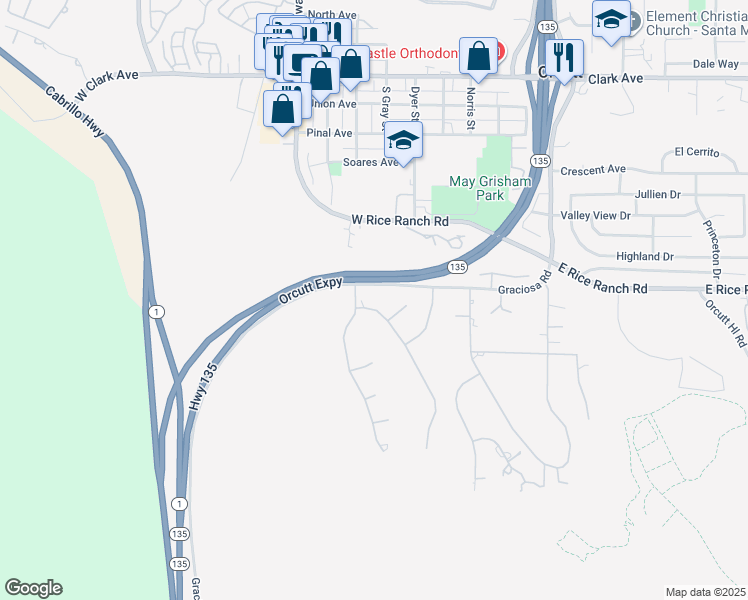 map of restaurants, bars, coffee shops, grocery stores, and more near 5678 Impala Trail in Santa Maria