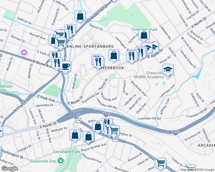 map of restaurants, bars, coffee shops, grocery stores, and more near 212 Overbrook Road in Greenville