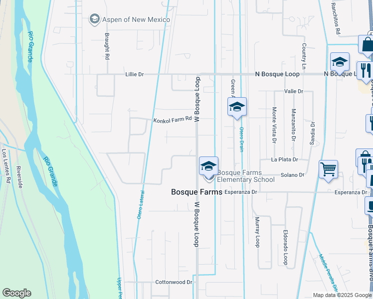 map of restaurants, bars, coffee shops, grocery stores, and more near 1130 Willow Trail in Bosque Farms