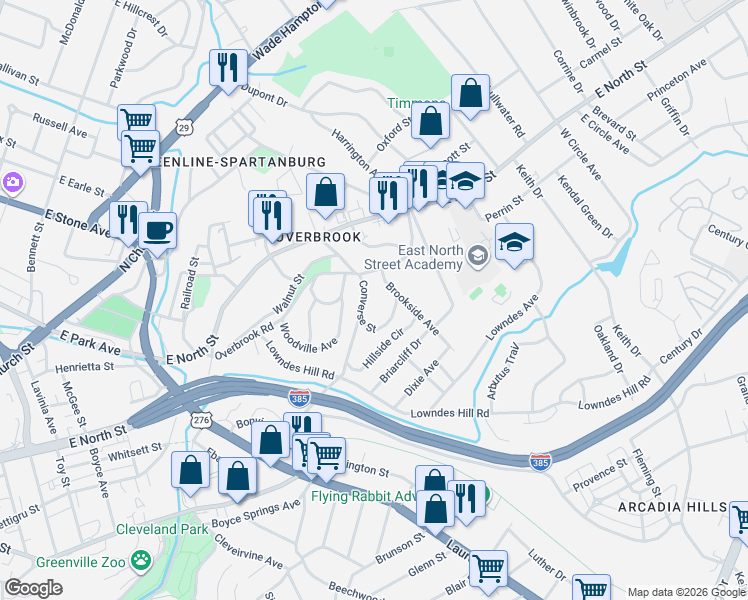 map of restaurants, bars, coffee shops, grocery stores, and more near 15 Converse Street in Greenville