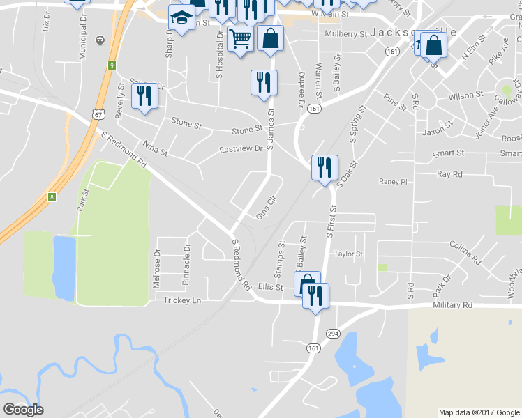 map of restaurants, bars, coffee shops, grocery stores, and more near 1102 Gina Circle in Jacksonville
