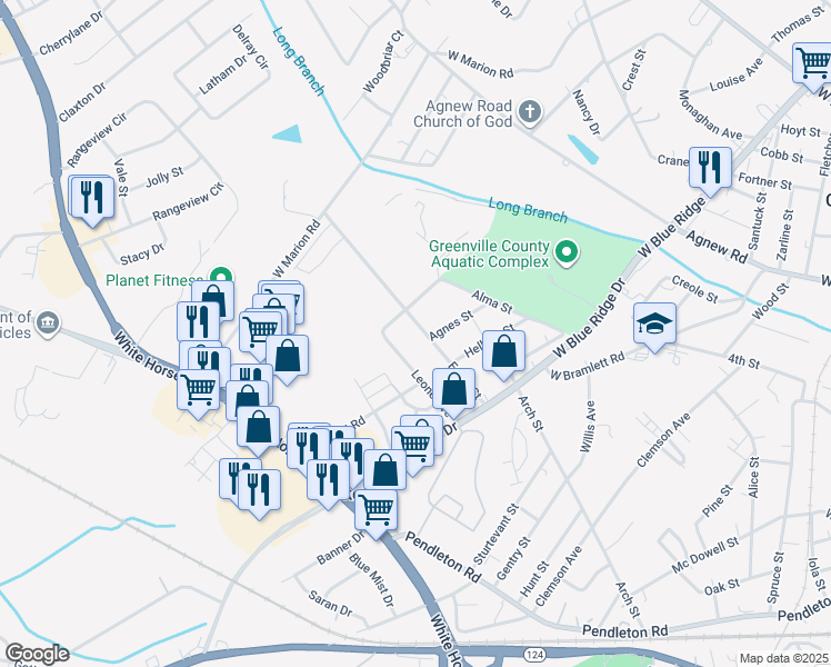 map of restaurants, bars, coffee shops, grocery stores, and more near 28 Leone Avenue in Greenville