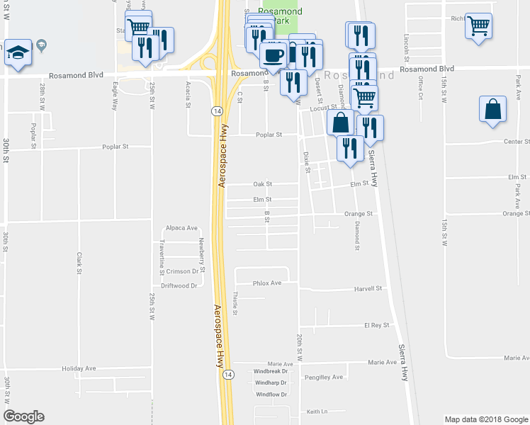 map of restaurants, bars, coffee shops, grocery stores, and more near 2101 Orange Street in Rosamond