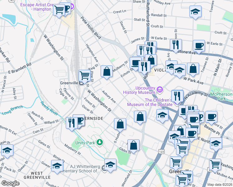 map of restaurants, bars, coffee shops, grocery stores, and more near 511 Hampton Avenue in Greenville