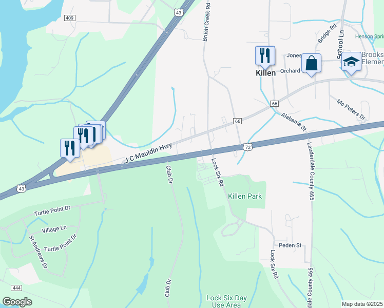 map of restaurants, bars, coffee shops, grocery stores, and more near 1560 U.S. 72 in Killen